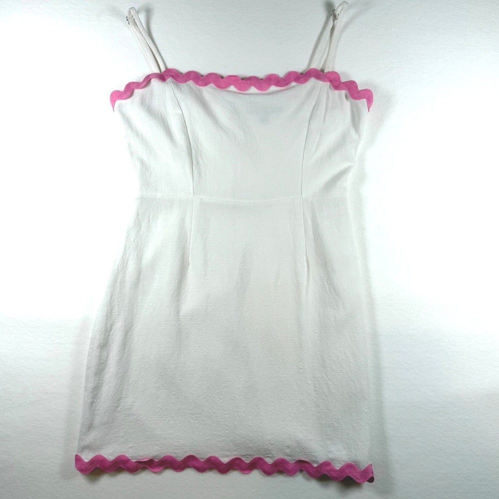 FORE White Linen Blend Mini Dress Pink Ric Rac Trim Sleeveless Camisole Size M